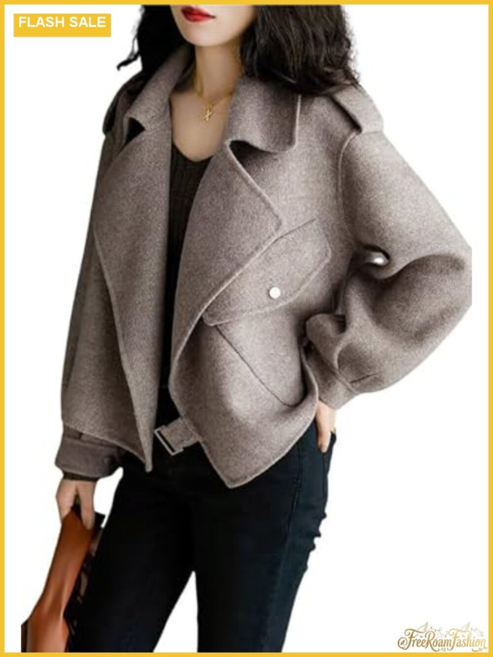 Wool Blend Cropped Pea Coat Notched Lapel Open Front Women Jacket